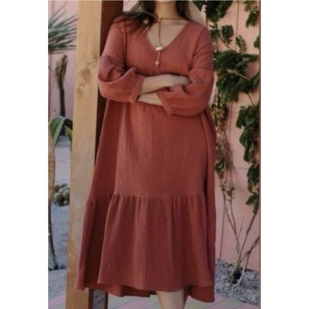 7 For All Mankind Tiered Cotton Gauzy Midi Dress Size Small Burnt Orange